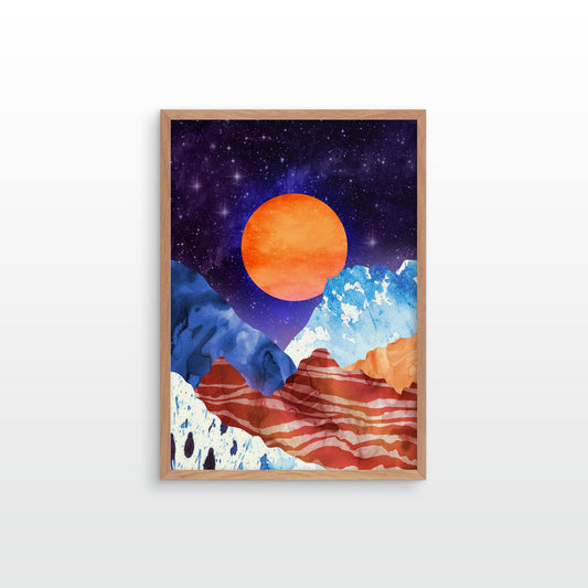 Orange Moon Art Print | Moon Over Mountains Landscape Wall Art