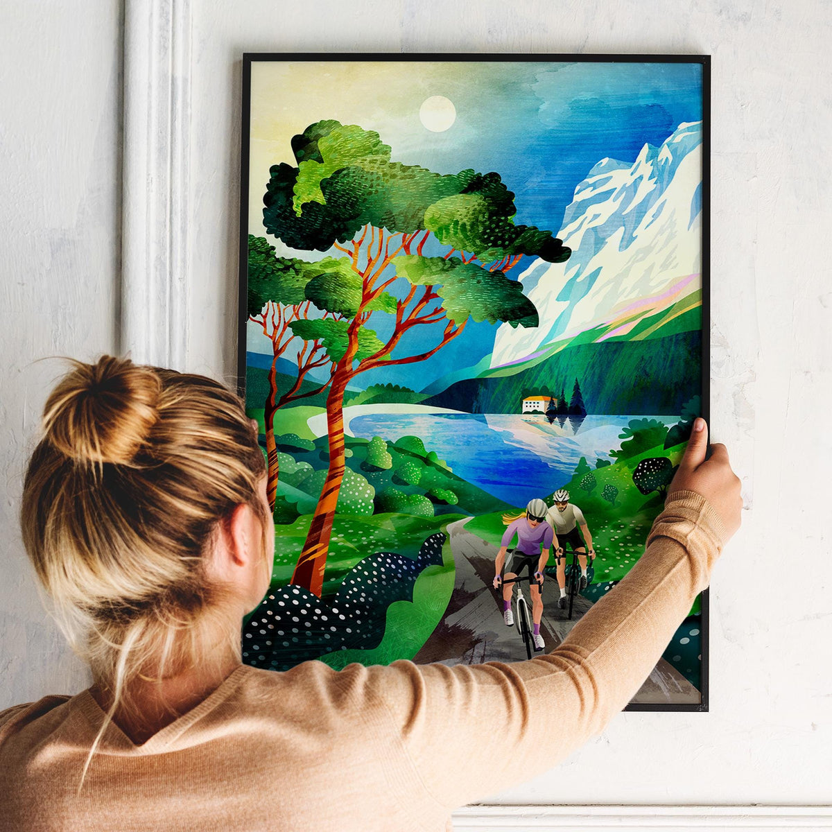 Cycling Couple Art Print | Summer Landscape Illustration