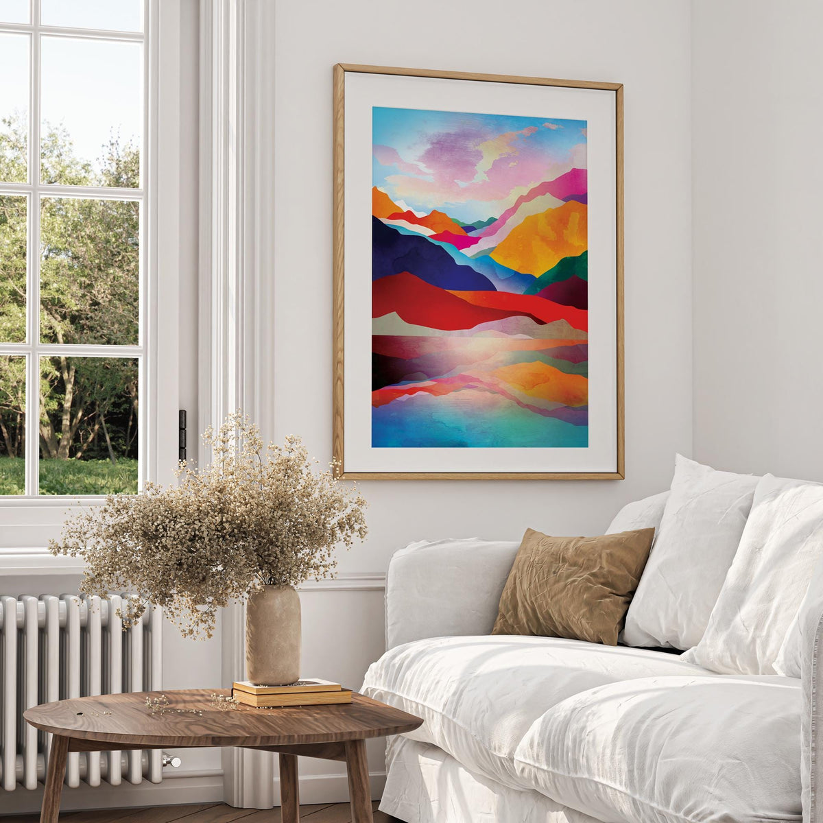 Mountain Lake Sunset Art Print | Colorful Landscape Illustration