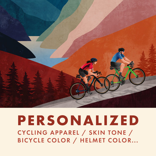 Illustrated promotional graphic showing two cyclists riding along a mountain road, with large text at the bottom reading 'PERSONALIZED CYCLING APPAREL / SKIN TONE / BICYCLE COLOR / HELMET COLOR.