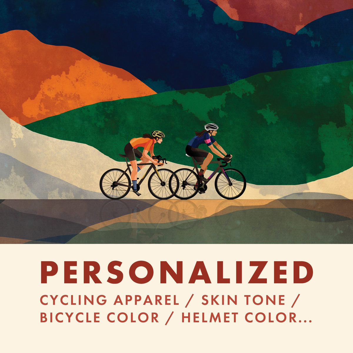 Promotional graphic for personalized cycling apparel, showing two cyclists riding on a stylized multicolor landscape with hills and mountains. Text at the bottom reads 'PERSONALIZED CYCLING APPAREL / SKIN TONE / BICYCLE COLOR / HELMET COLOR.