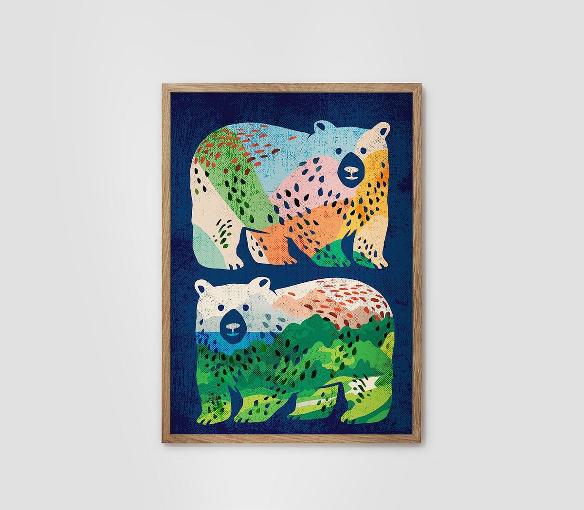 A framed art print featuring two stylized polar bears in a colorful, patterned design