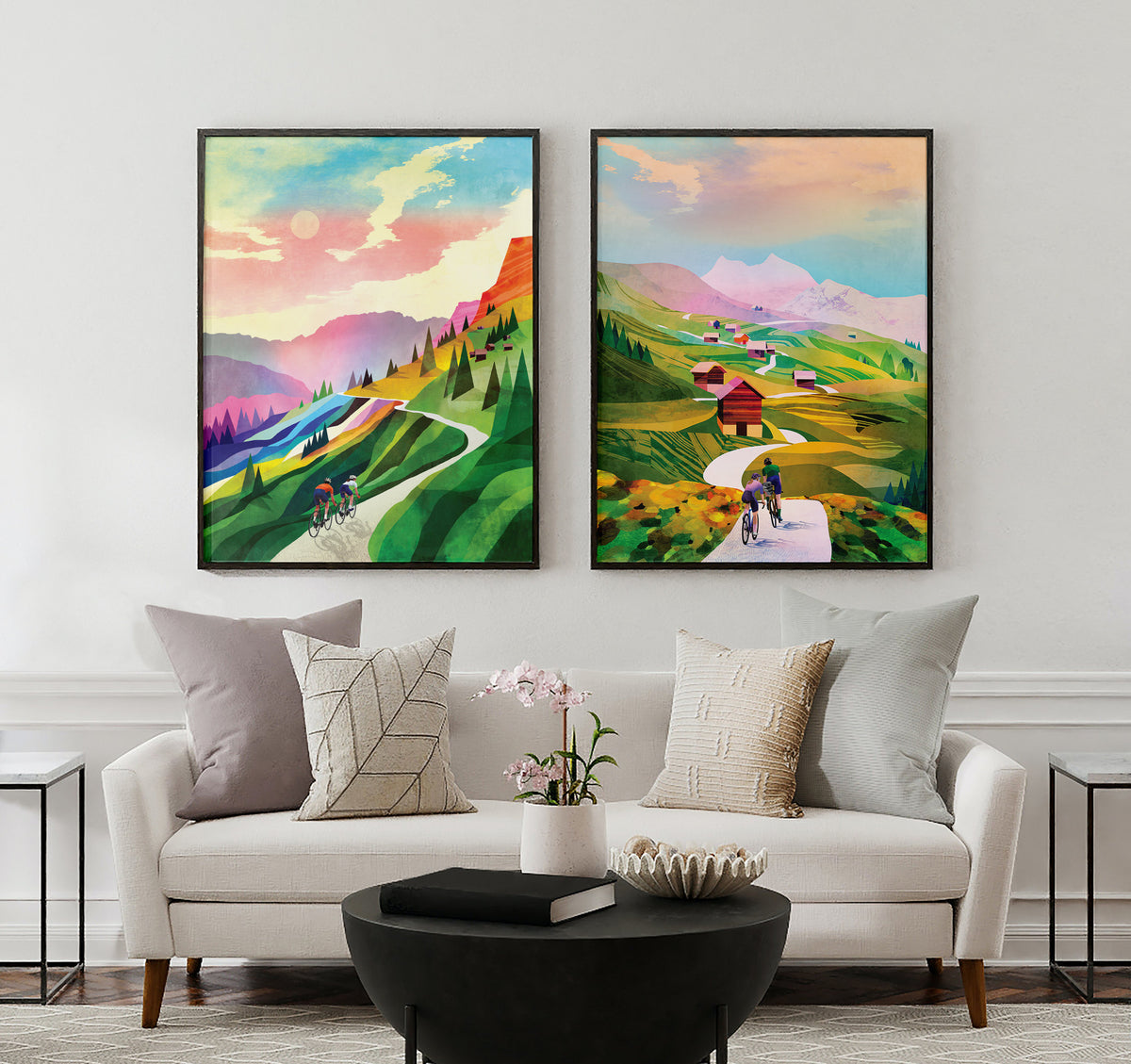 Cycling Art Prints Set of 2 | Colorful Bicycle Wall Art