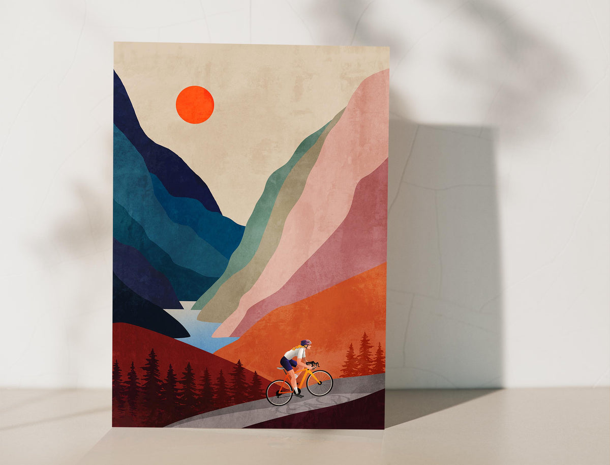Woman Cyclist Art Print | Mountain Landscape Cycling Wall Art