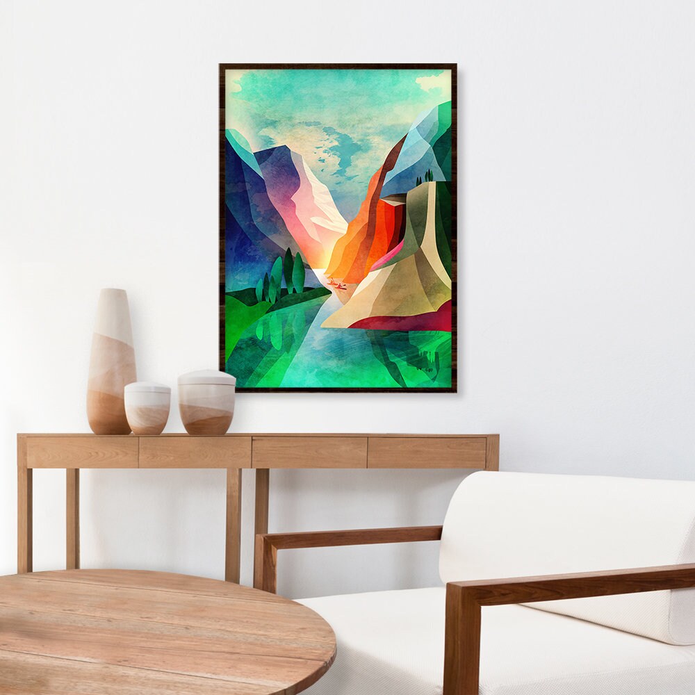 Canyon Kayaking Art Print | Kayak Lake and Mountains Wall Art