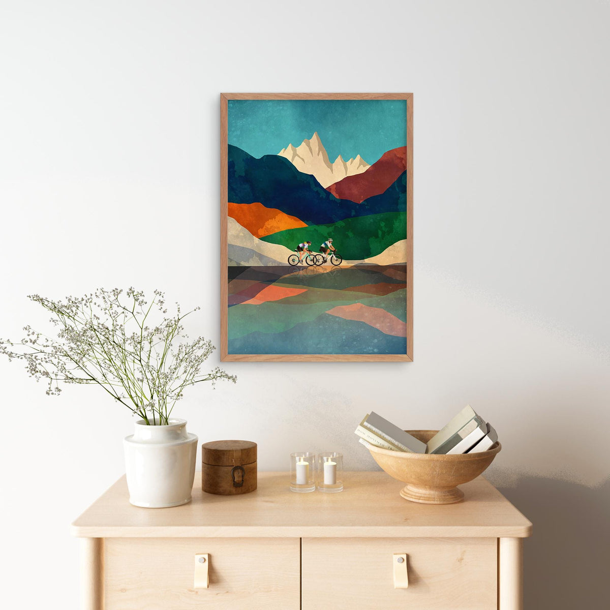 Couple Cycling Art Print | Mountain Landscape Bicycle Wall Art
