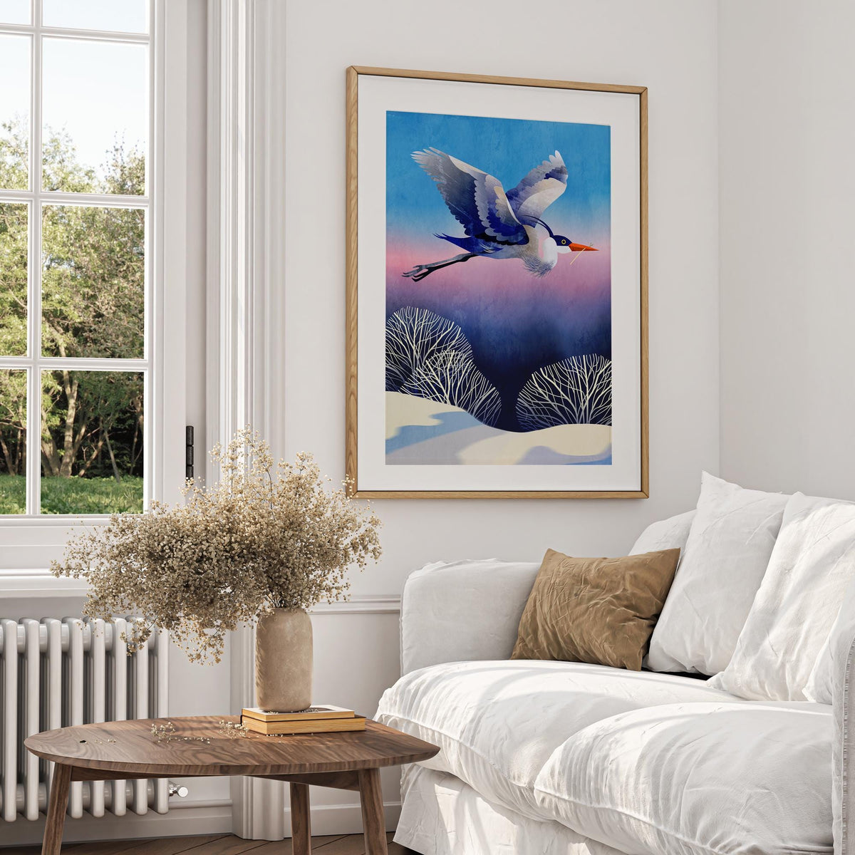 Heron Art Print | Bird Flying Over Snowy Landscape Wall Art