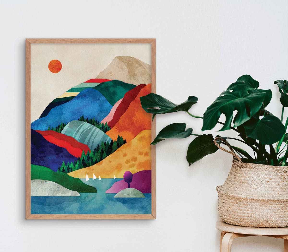 Mountain by the Lake Art Print | Colorful Landscape Illustration