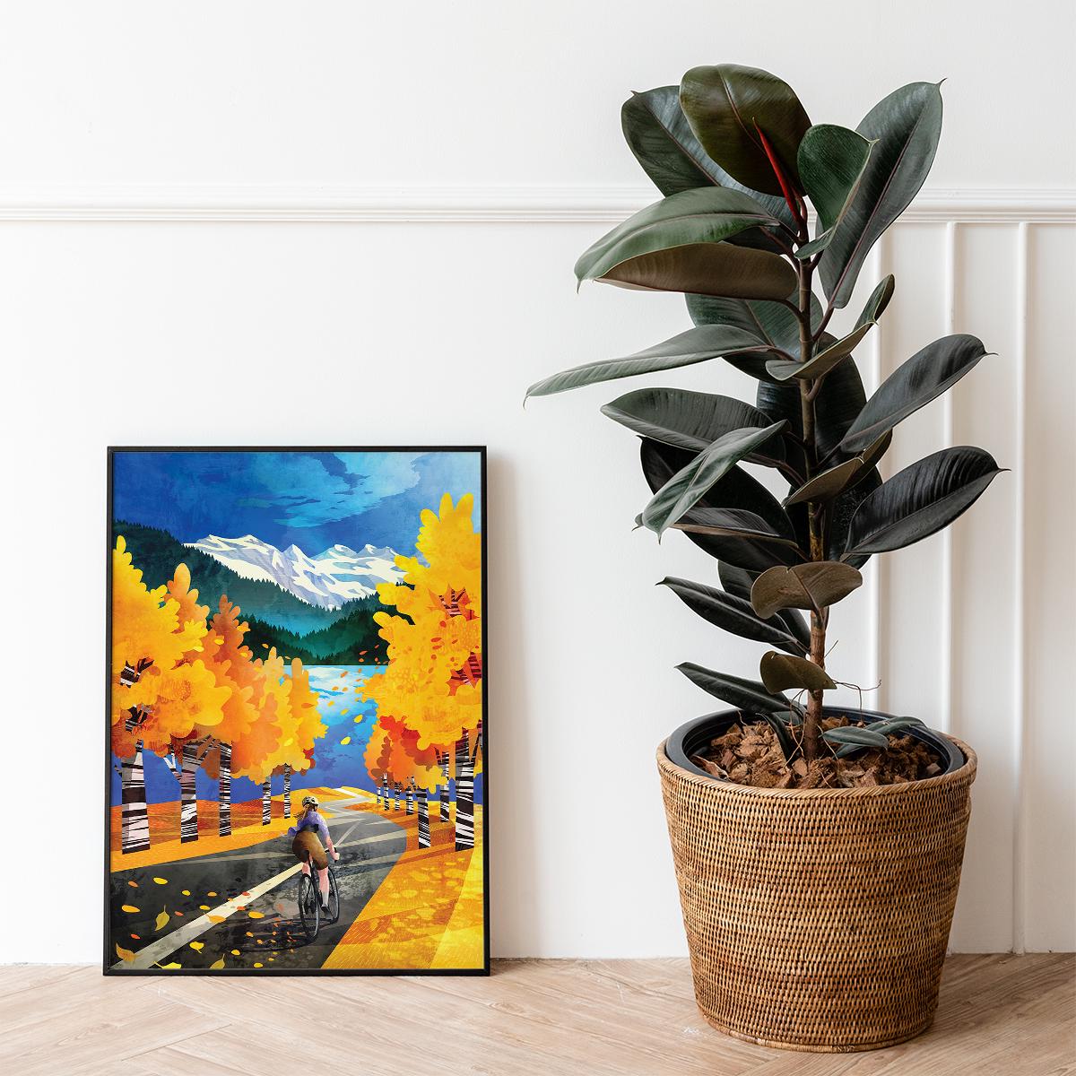 Autumn Cycling Art Print | Woman Cyclist Bicycle Wall Art