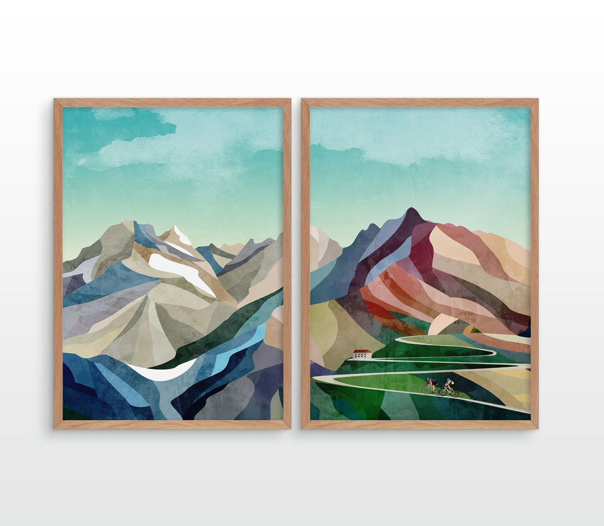 Cycling Art Prints Set of 2 | Mountain Road Bicycle Wall Art