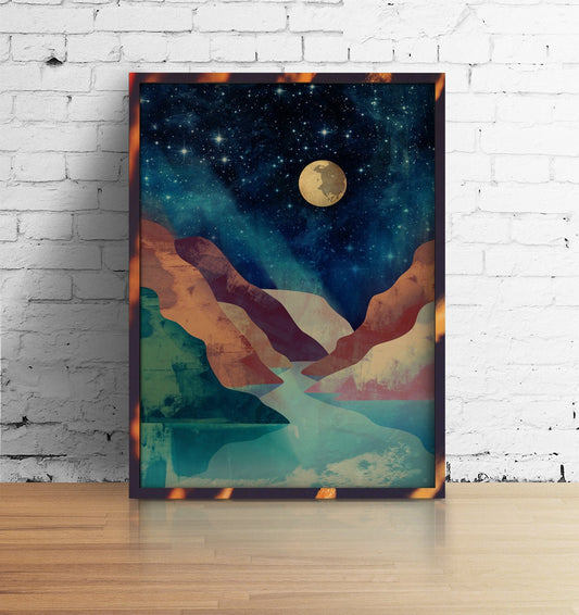 Moon Over Canyon Art Print | River Canyon Landscape Wall Art