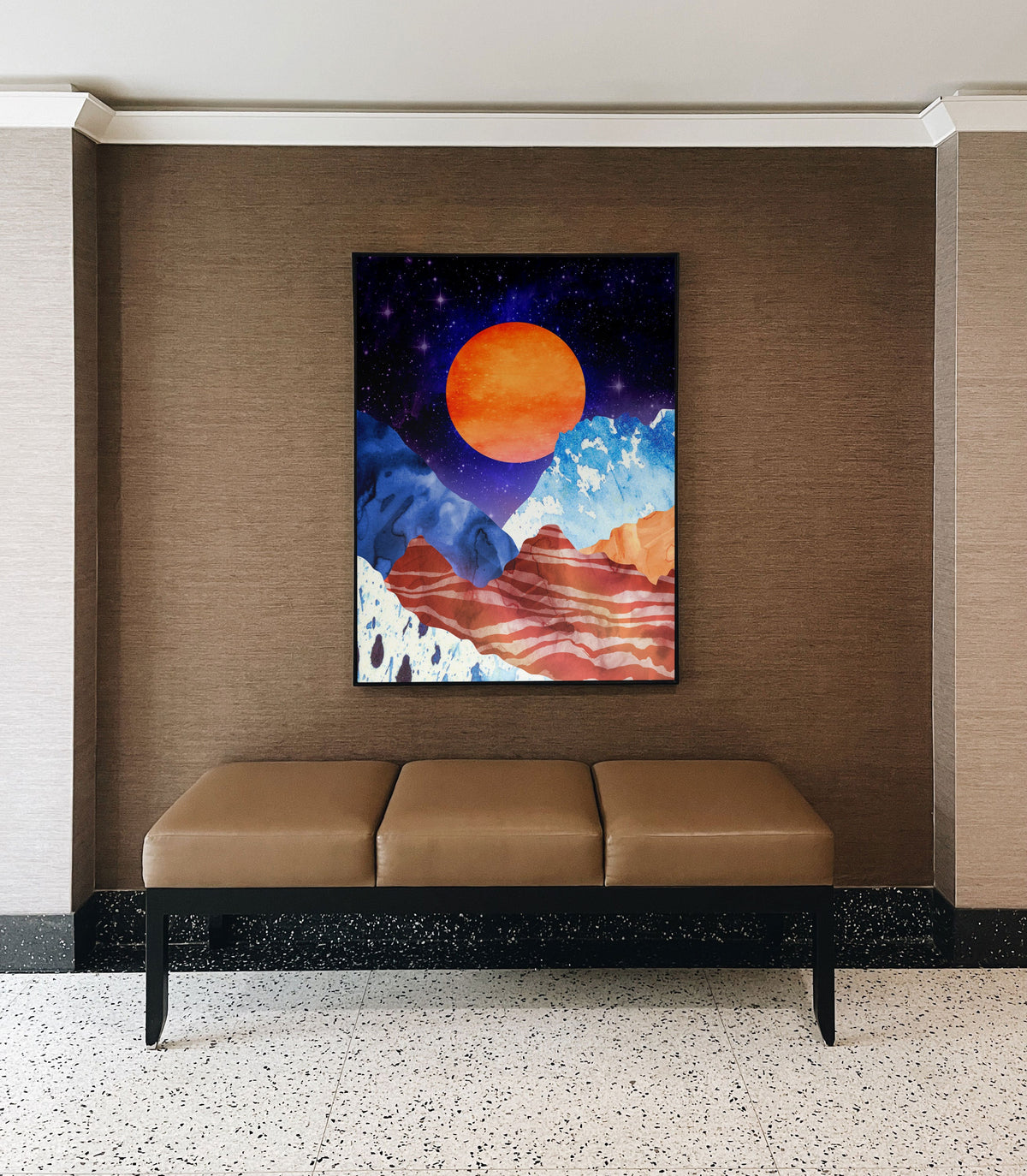 Orange Moon Art Print | Moon Over Mountains Landscape Wall Art