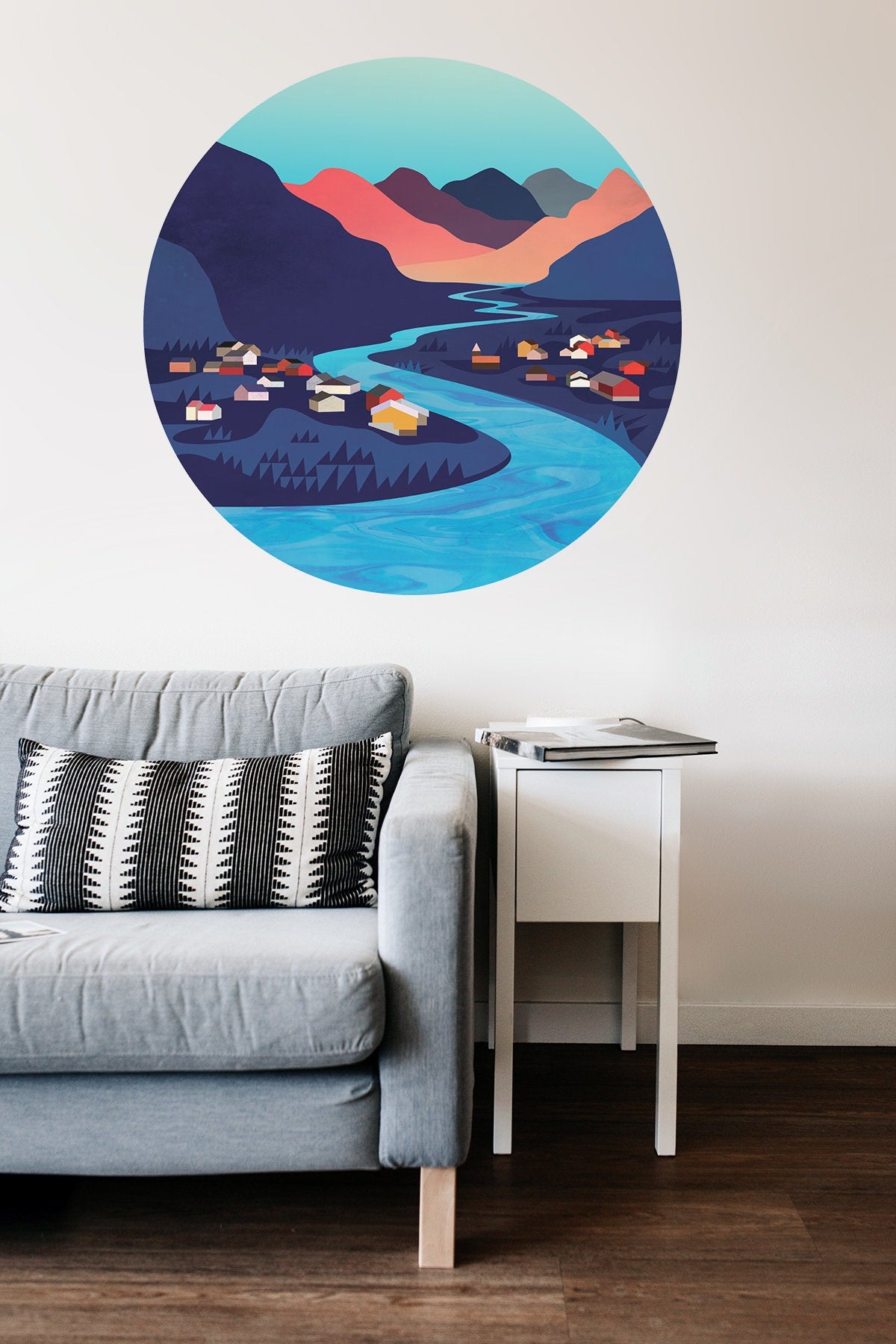 River Village Wall Decal | Round Landscape Wall Sticker