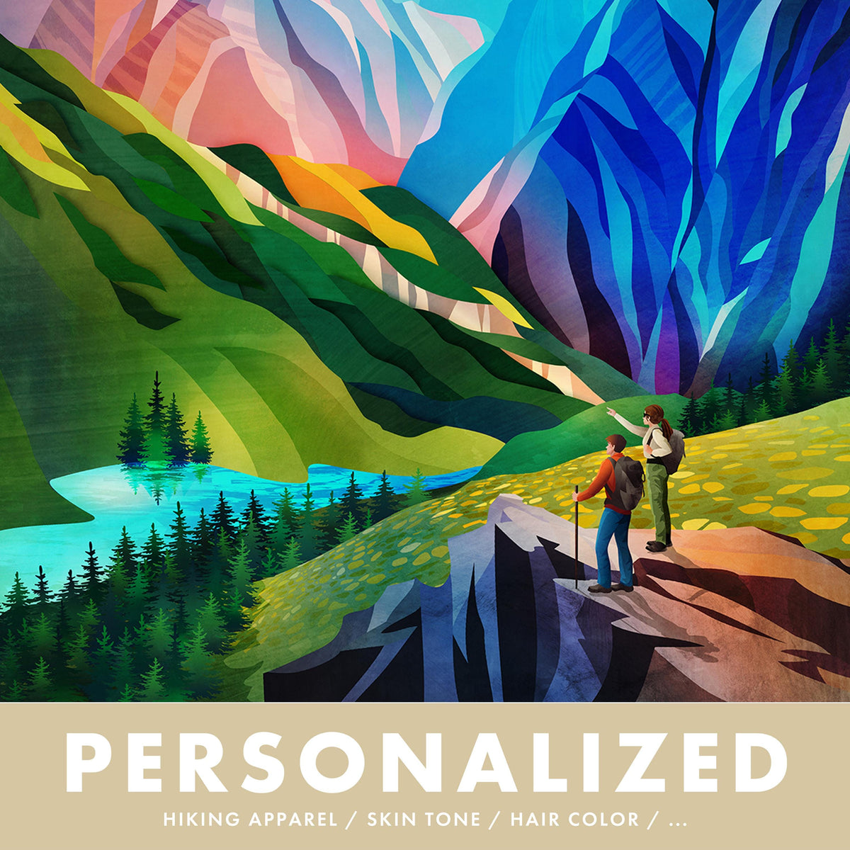 Colorful illustrated mountain landscape with two hikers on a rocky ridge above a lake, with large text at the bottom reading 'PERSONALIZED' and smaller text indicating hiking apparel, skin tone, and hair color customization.