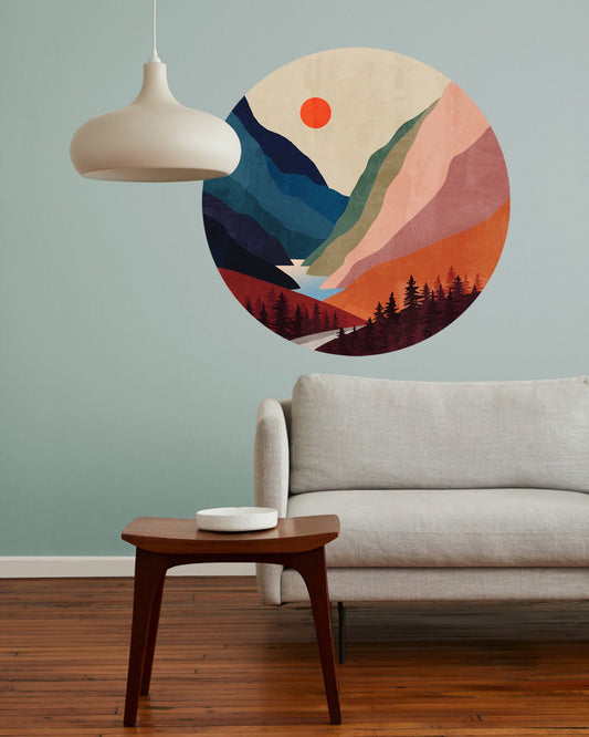 Mountain River Wall Decal | Round Removable Self-Adhesive Wall Sticker