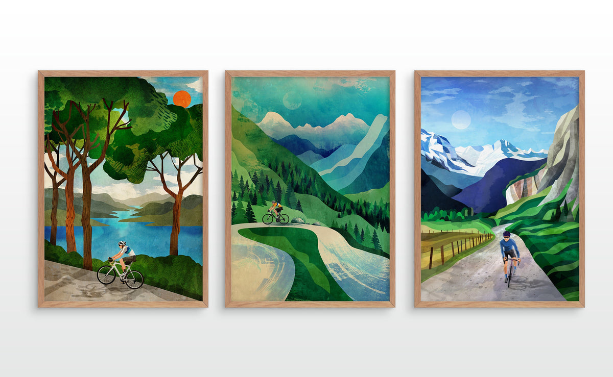 Cycling Art Prints Set | Colorful Landscape Bicycle Wall Art