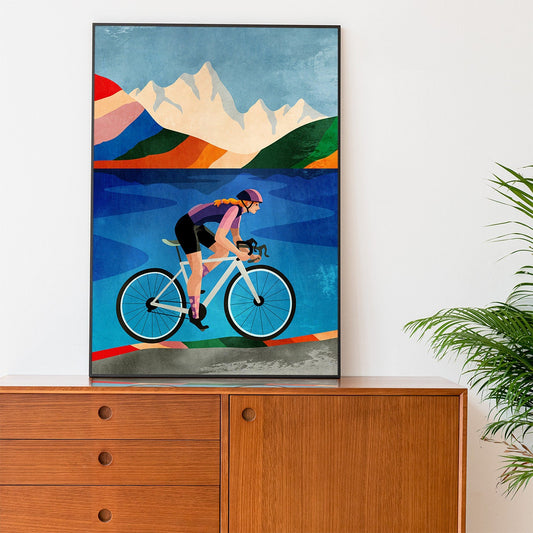 Woman Cyclist Art Print | Colorful Cycling Illustration Wall Art