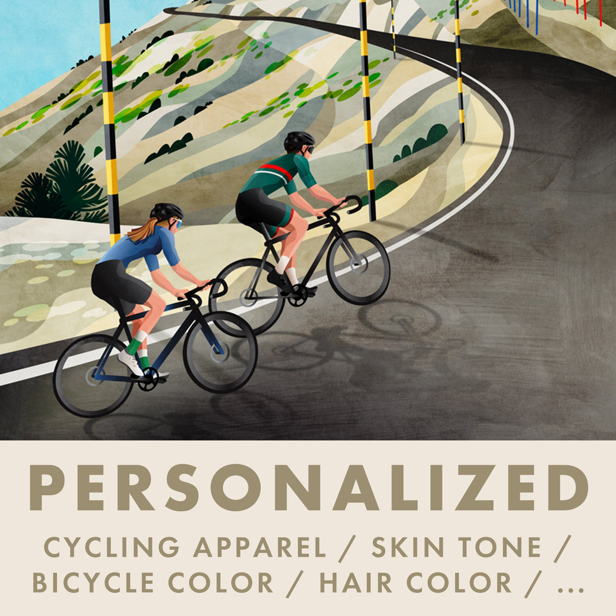 Illustrated promotional graphic showing two cyclists riding a winding road with hills in the background