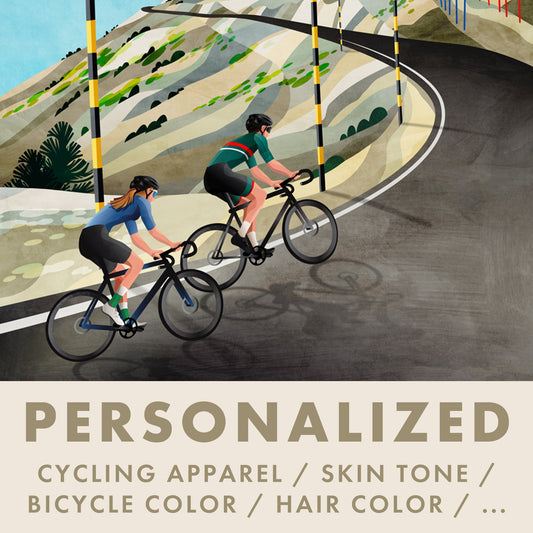 Illustrated promotional graphic showing two cyclists riding a winding road with hills in the background