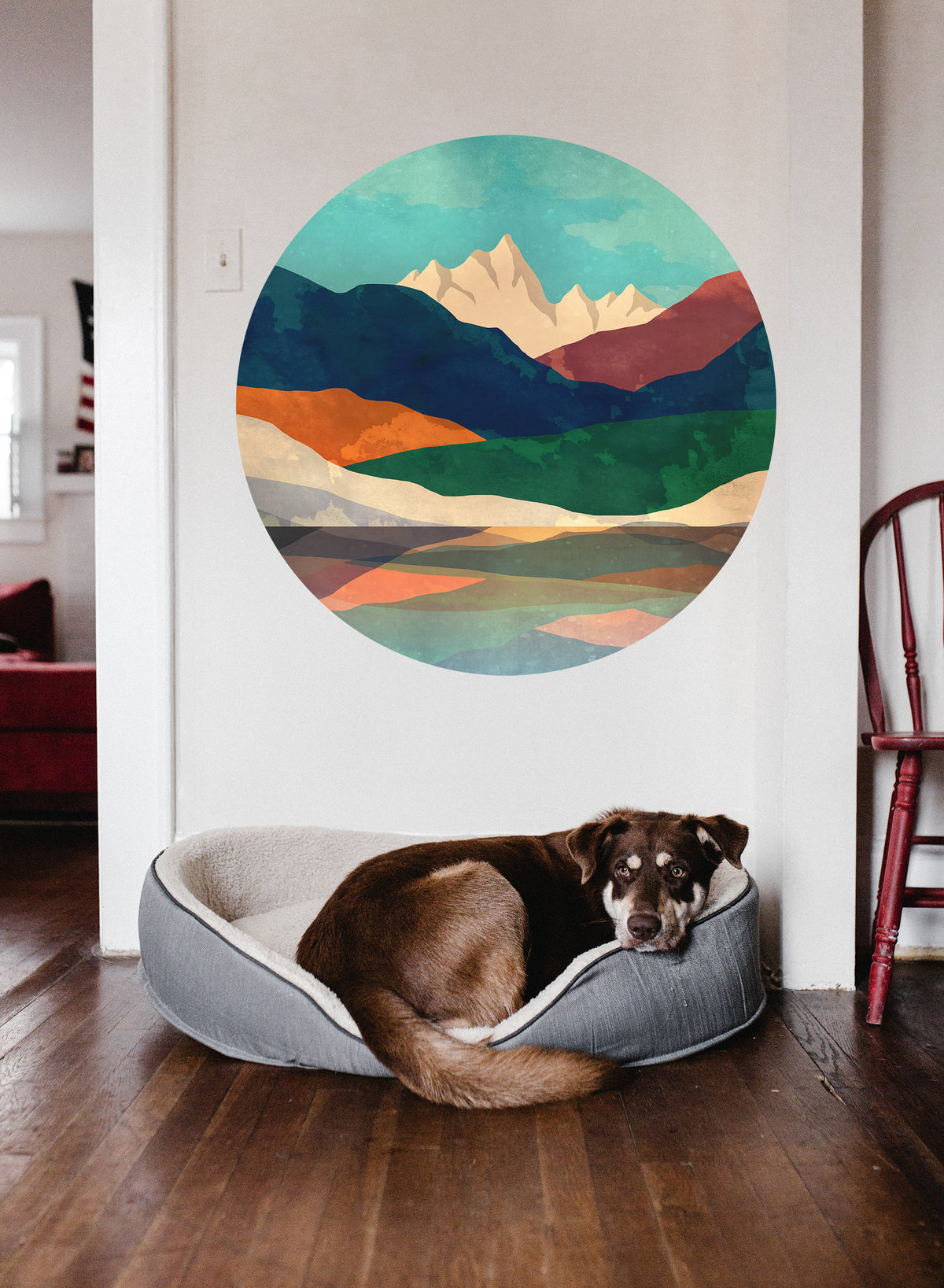 Mountain Lake Wall Decal | Colorful Round Landscape Wall Sticker