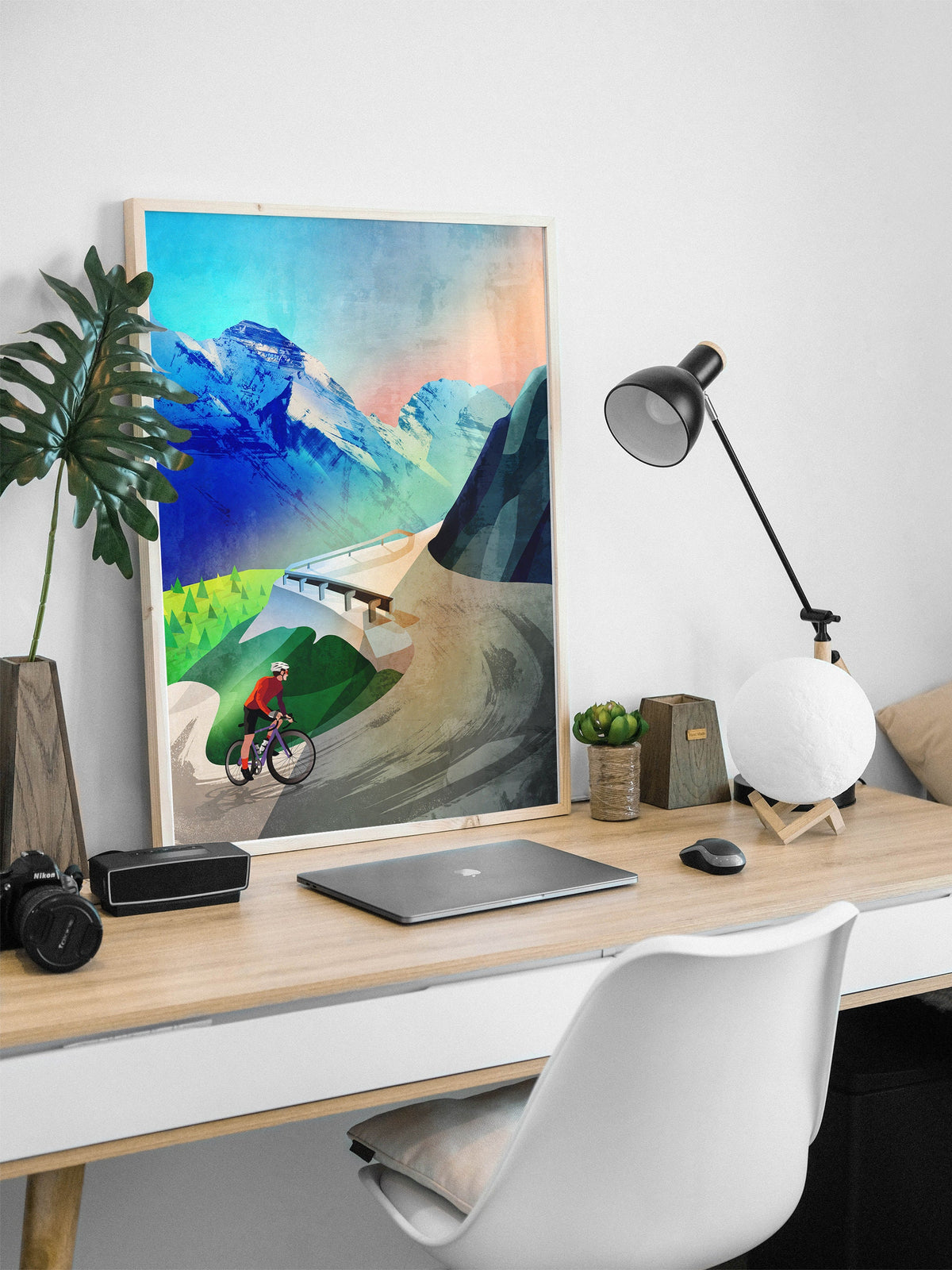 Mountain Cycling Art Print | Snow-Capped Peaks