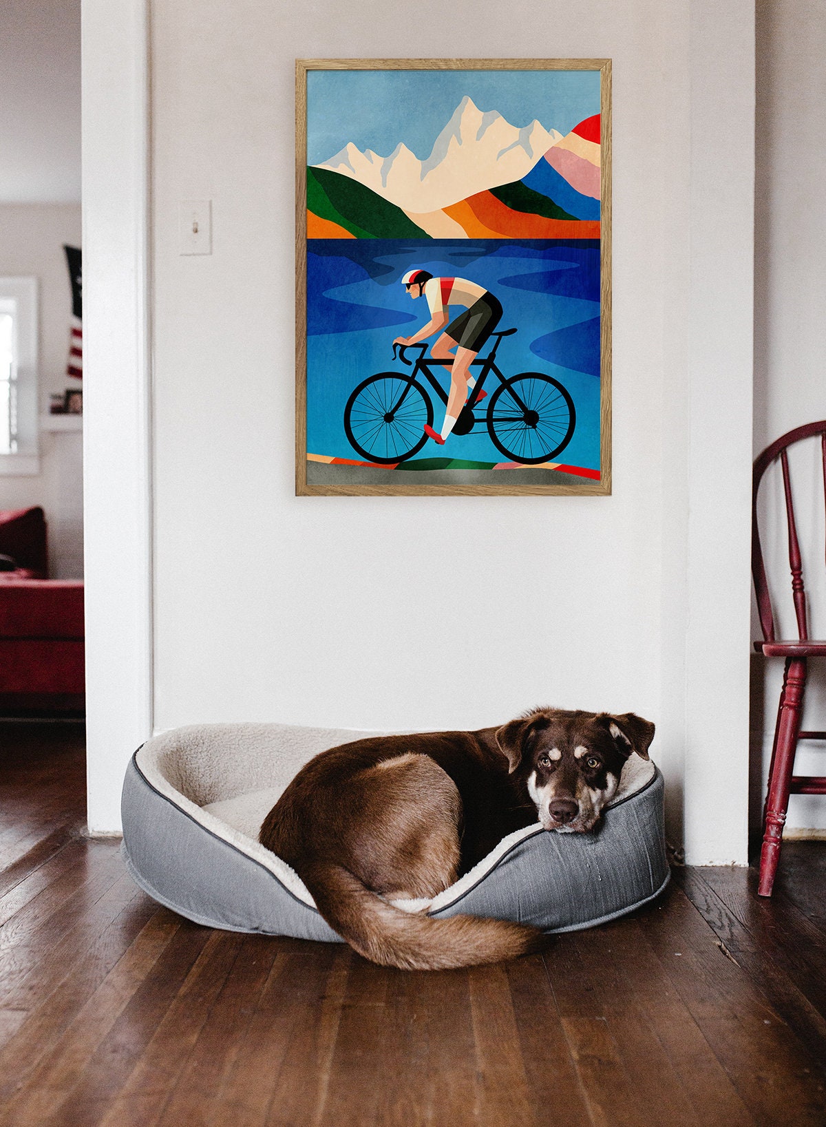 Cycling Art Print | Mountain Lake Illustration Wall Art