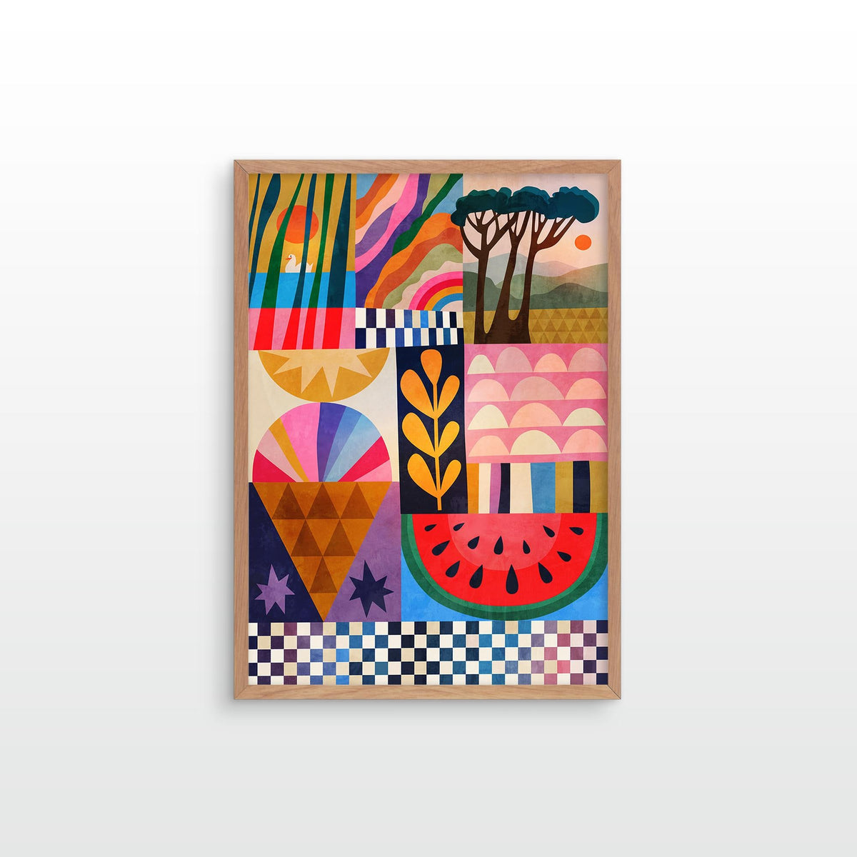 A framed abstract art print featuring a colorful patchwork design with geometric shapes, stripes, stars, a watermelon slice, and stylized trees, displayed against a light gray wall.