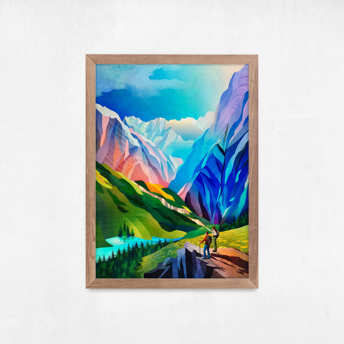 Hiking Couple Art Print | Colorful Mountain View Wall Art