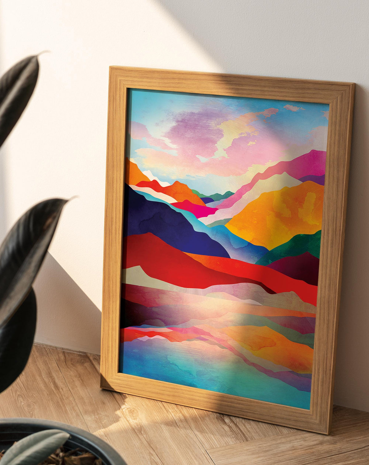 Mountain Lake Sunset Art Print | Colorful Landscape Illustration