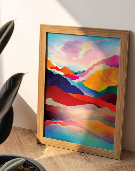 Mountain Lake Sunset Art Print | Colorful Landscape Illustration