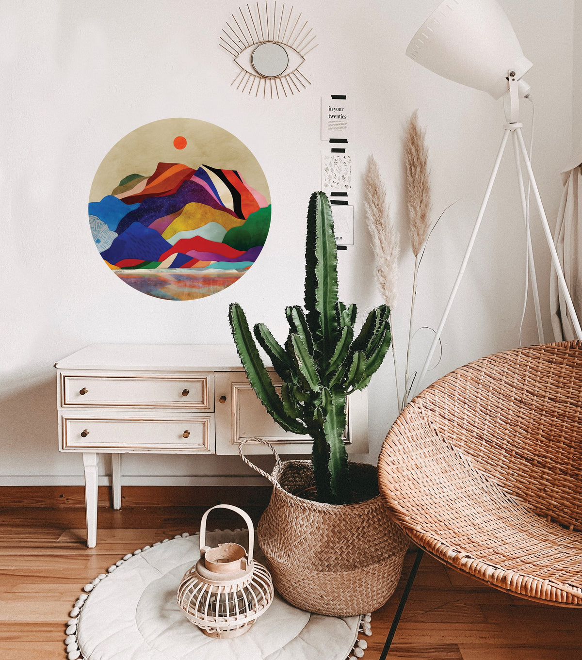 Colorful mountains wall decal. Self adhesive, repositionable and removable fabric.