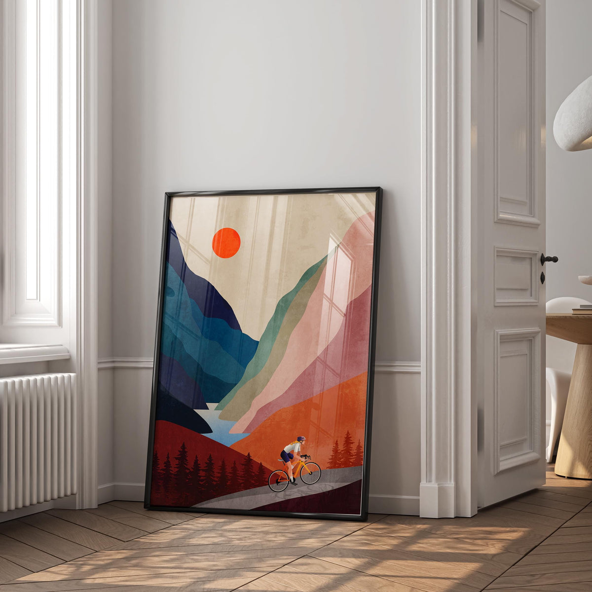 Woman Cyclist Art Print | Mountain Landscape Cycling Wall Art