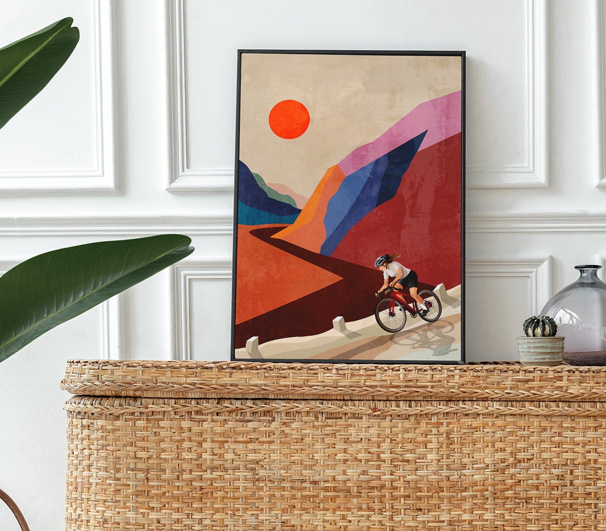 Woman Cyclist Art Print | Descending down the mountain illustration