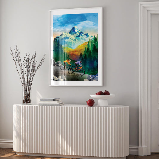 Mountain Biking Couple Art Print | Alpine Descent