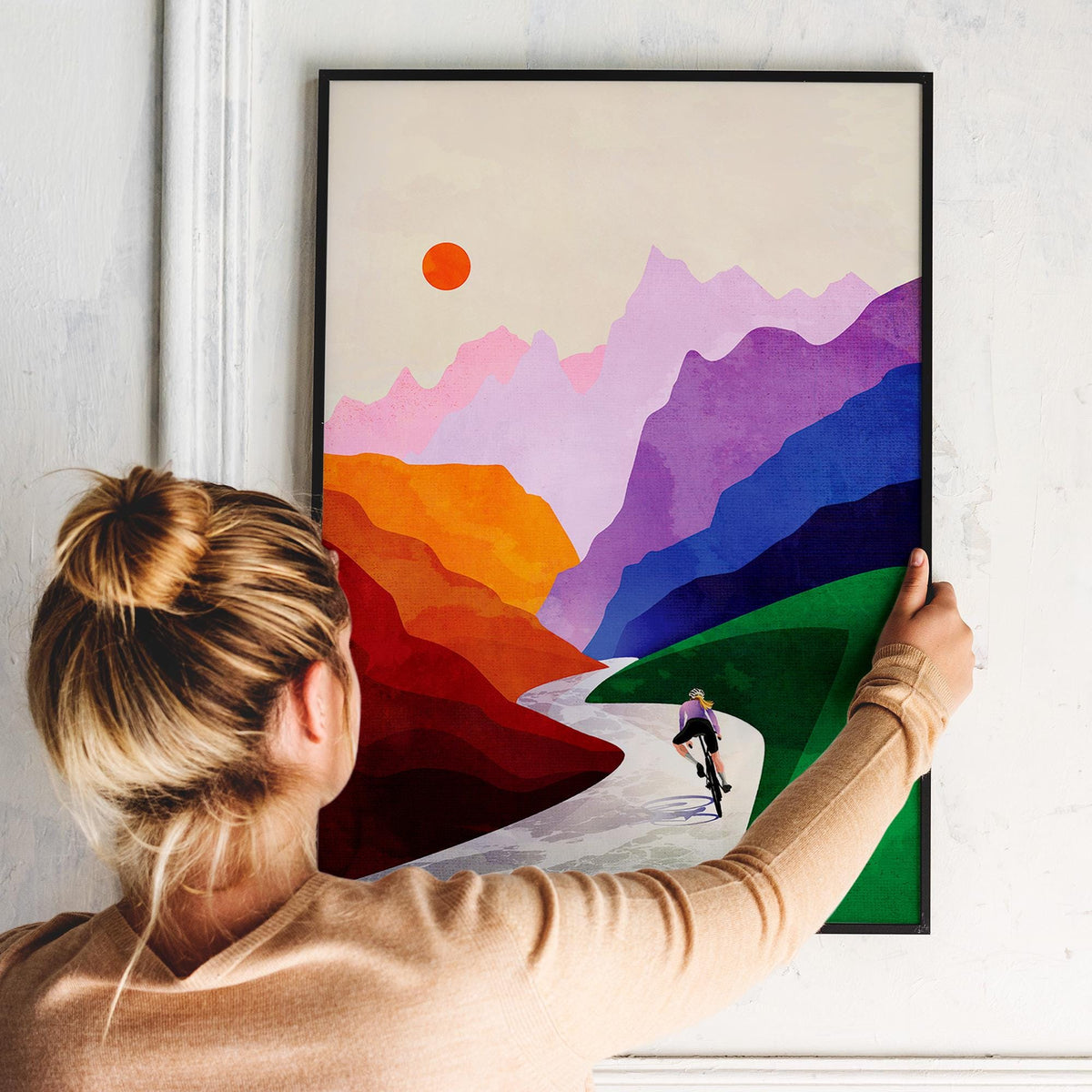 Woman Cyclist Art Print | Mountain Descent Cycling Wall Art
