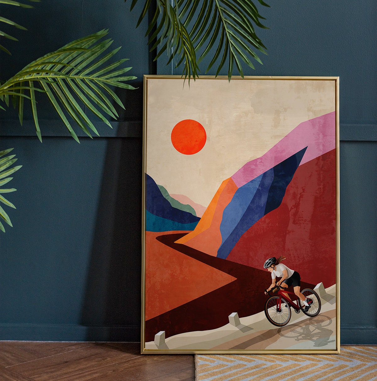 Woman Cyclist Art Print | Descending down the mountain illustration