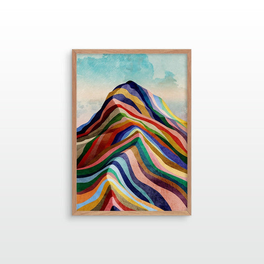A framed art print featuring a colorful mountain illustration with layered rainbow stripes under a light blue sky