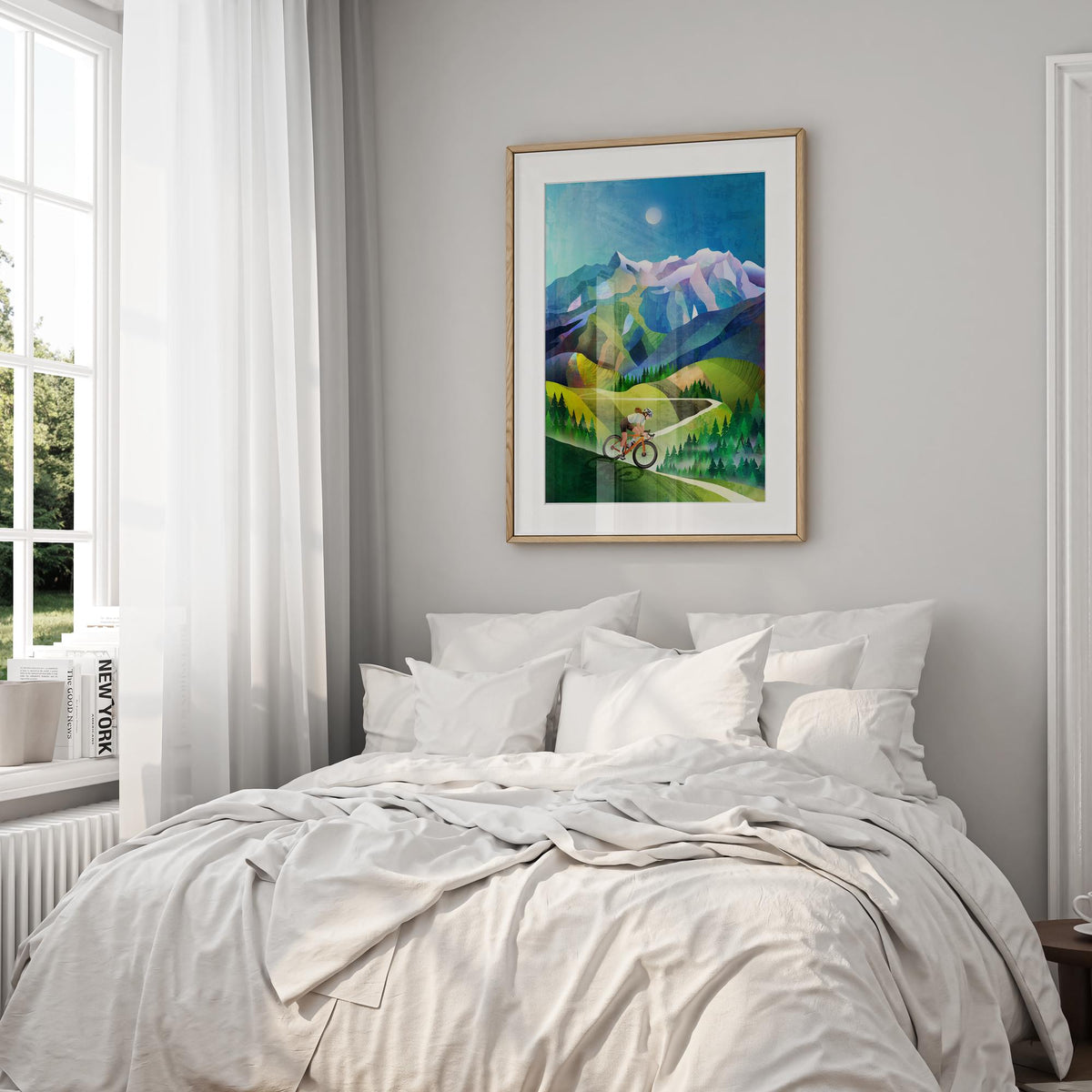 Woman Cyclist Art Print | Mountain Landscape Illustration