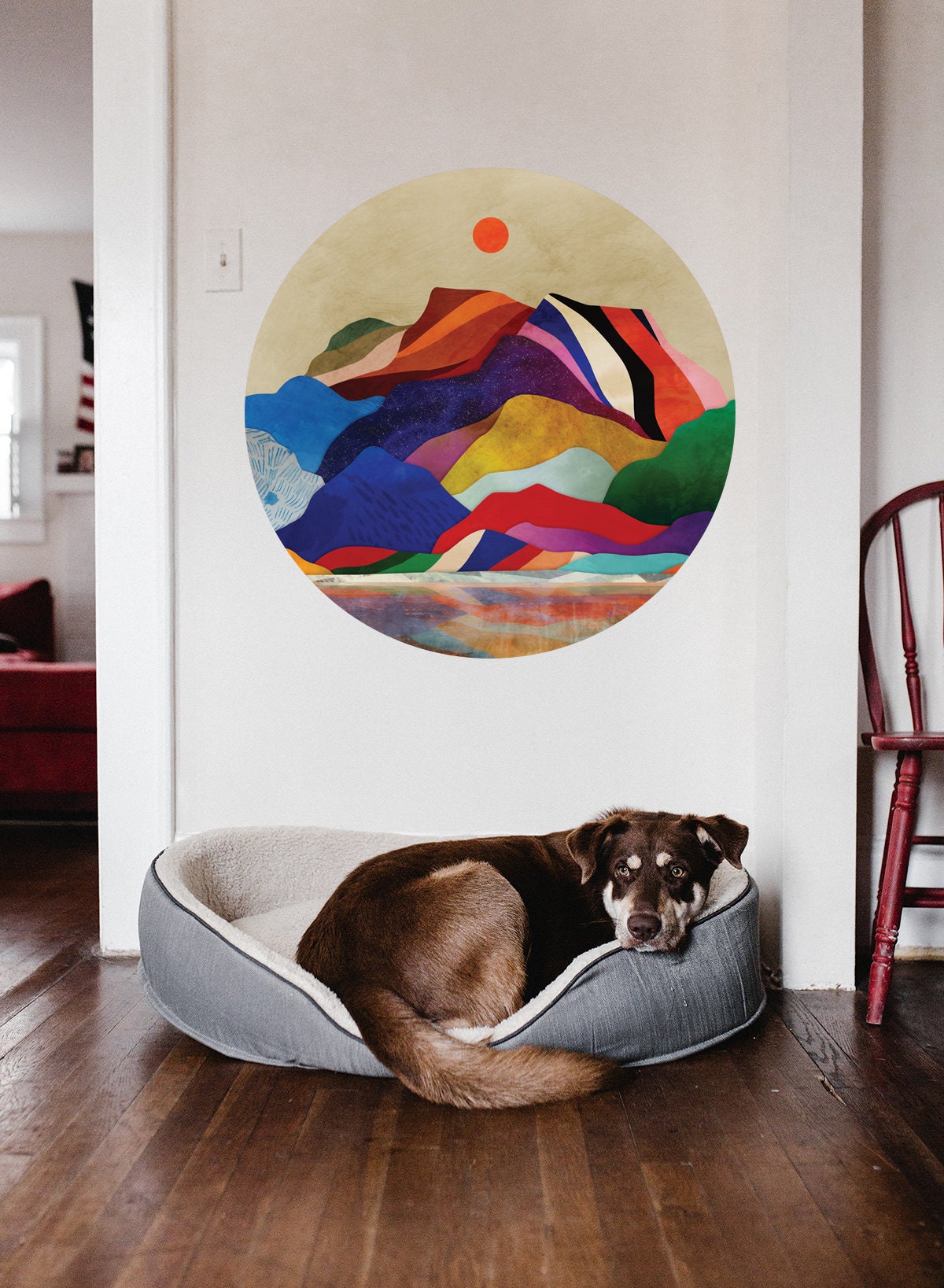 Colorful mountains wall decal. Self adhesive, repositionable and removable fabric.