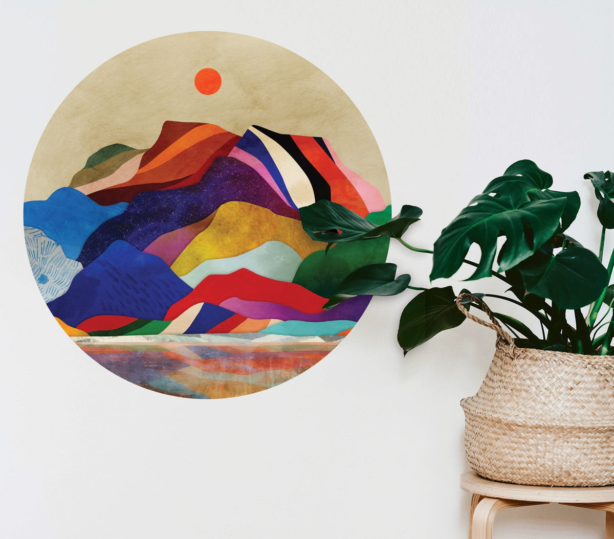 Colorful mountains wall decal. Self adhesive, repositionable and removable fabric.