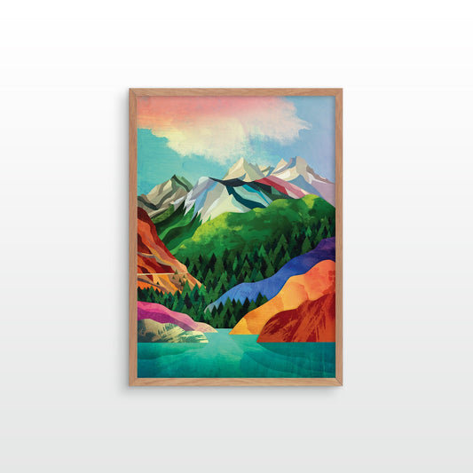 A framed art print featuring a colorful, geometric mountain landscape with a lake, hanging on a light gray wall.