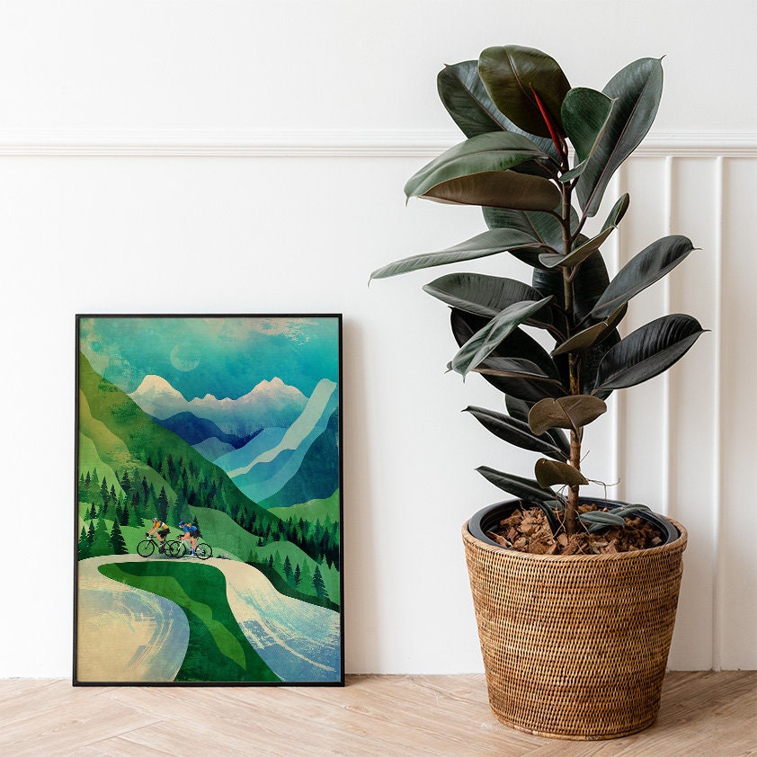 Cycling Couple Art Print | Mountain Climb Bicycle Wall Art