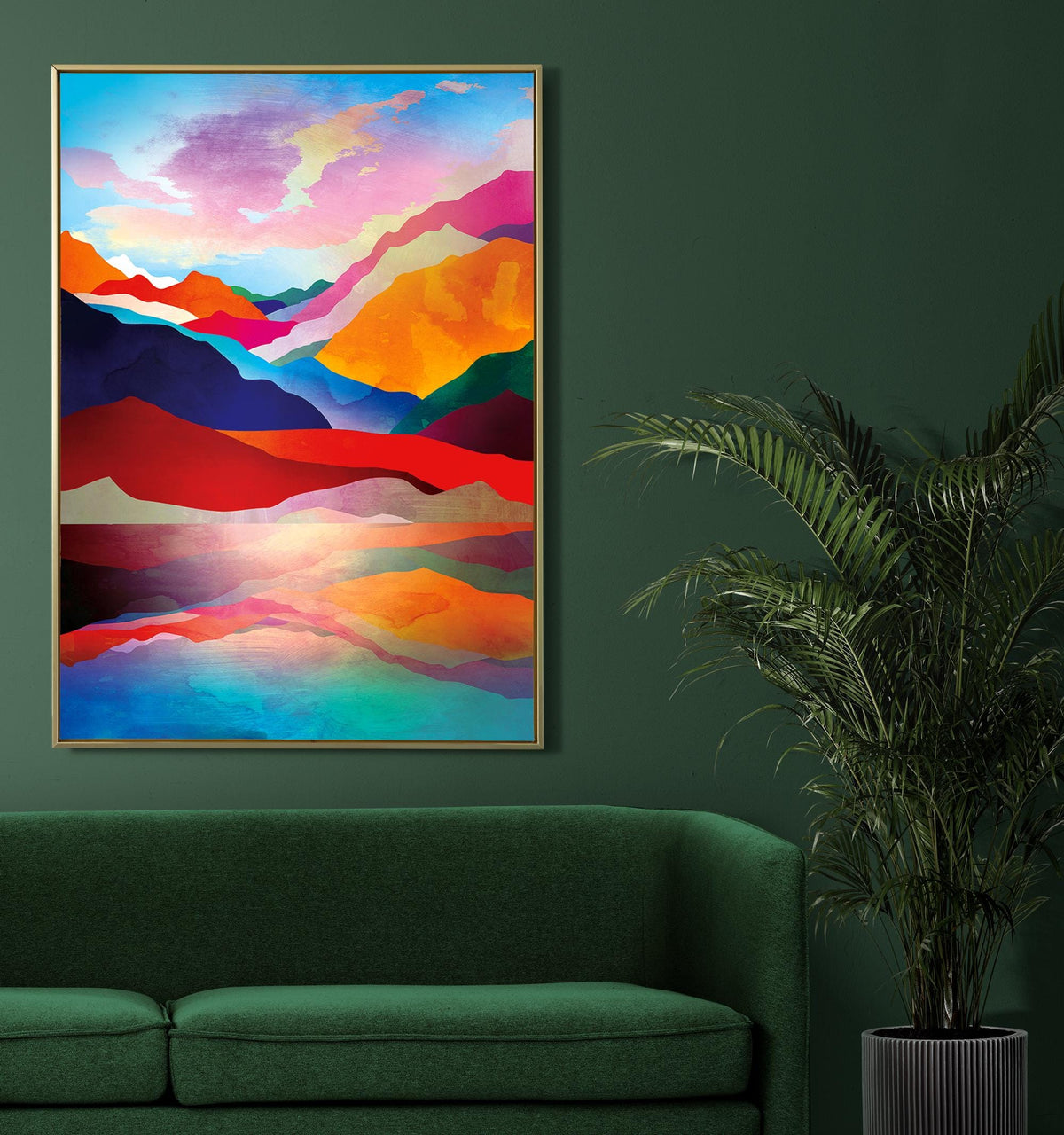 Mountain Lake Sunset Art Print | Colorful Landscape Illustration