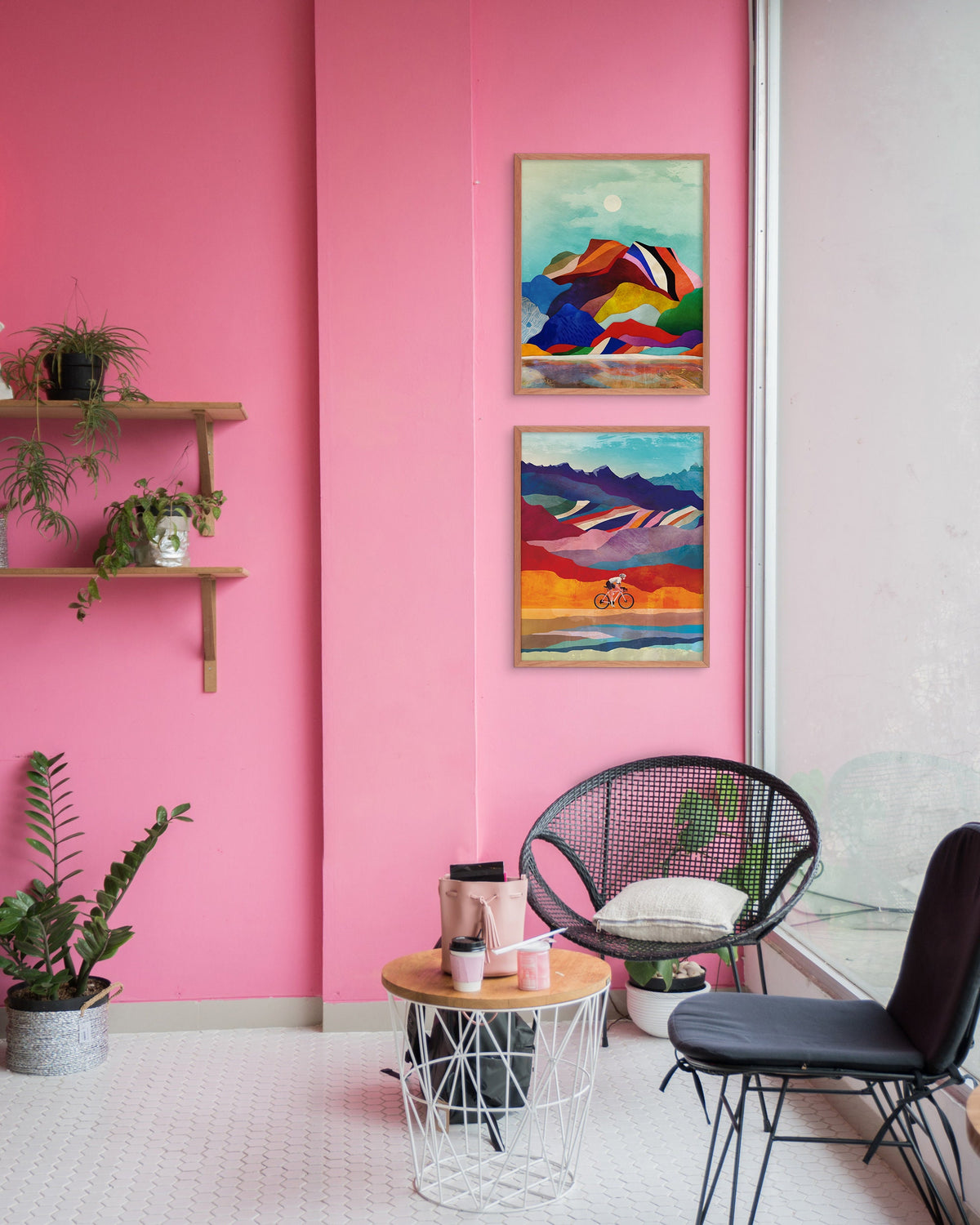 Cycling Art Prints Set of 2 | Colorful Landscape Bicycle Wall Art