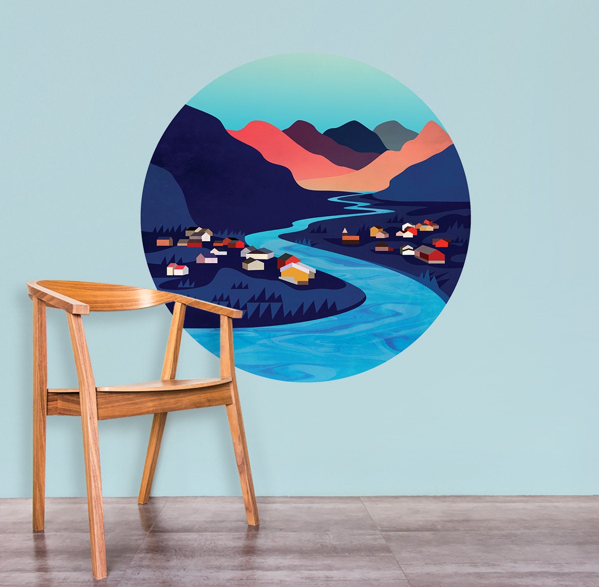 River Village Wall Decal | Round Landscape Wall Sticker
