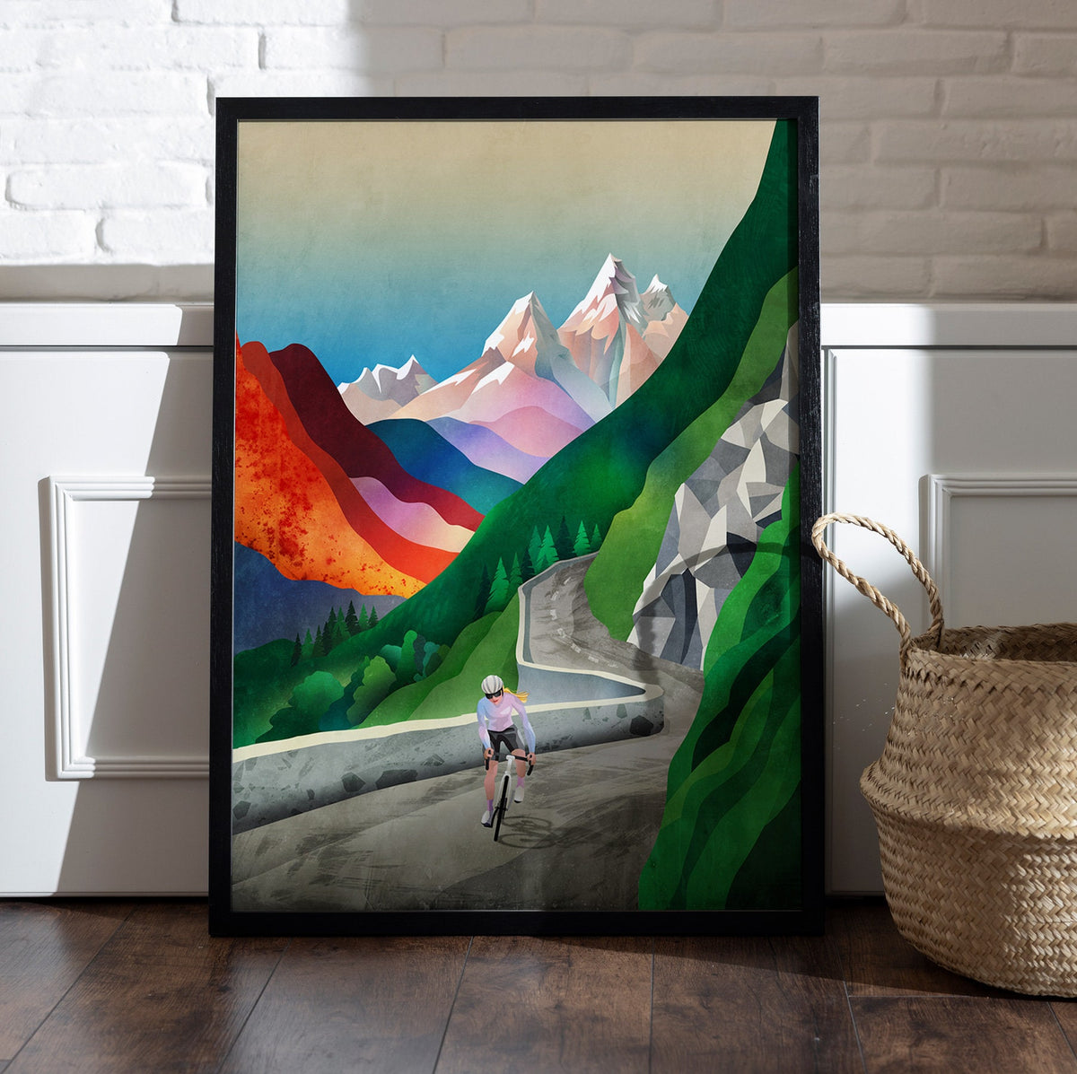 Woman Cycling Art Print | Mountain Landscape Female Cyclist Art