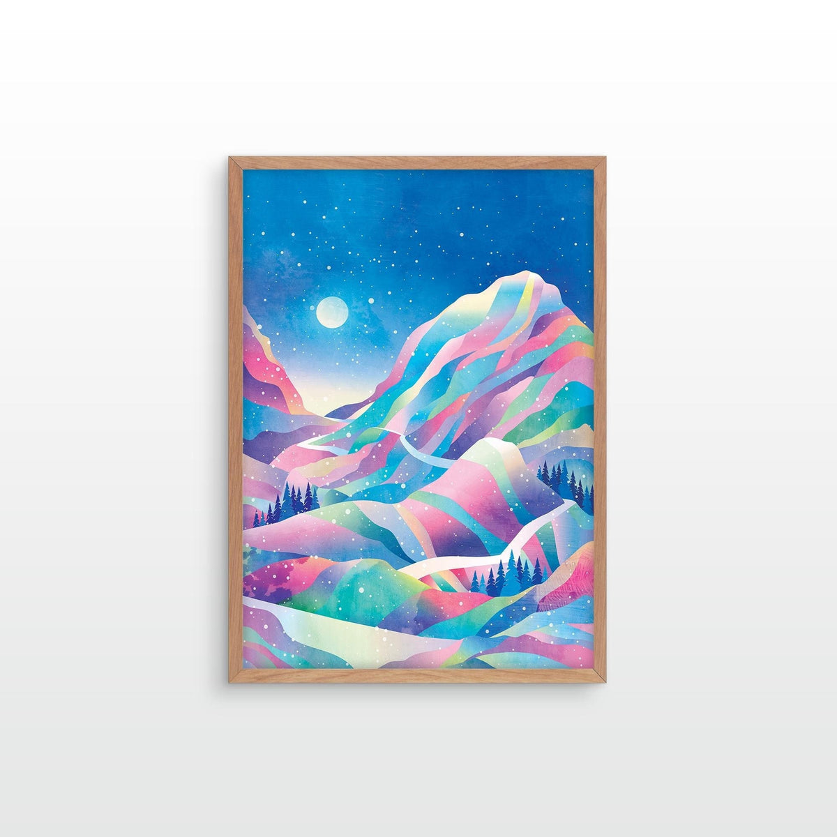A framed art print featuring a colorful, stylized mountain landscape under a starry night sky with a moon, displayed on a light gray wall.