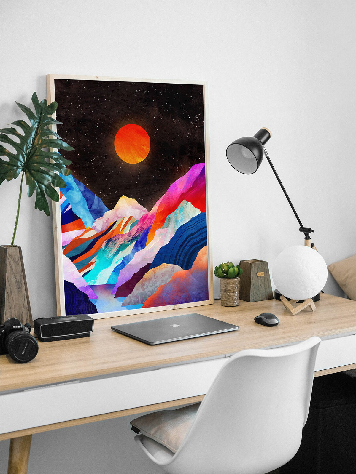 Moon Over Mountains Art Print | Celestial Landscape Wall Art