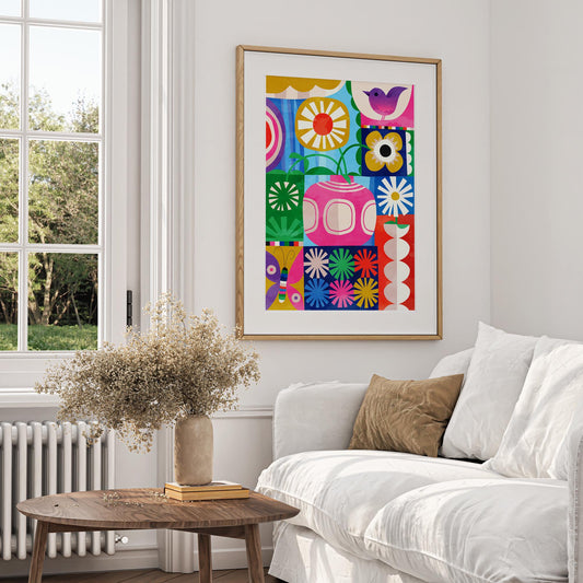 Floral Art Print | Colorful Bird and Flowers Wall Art