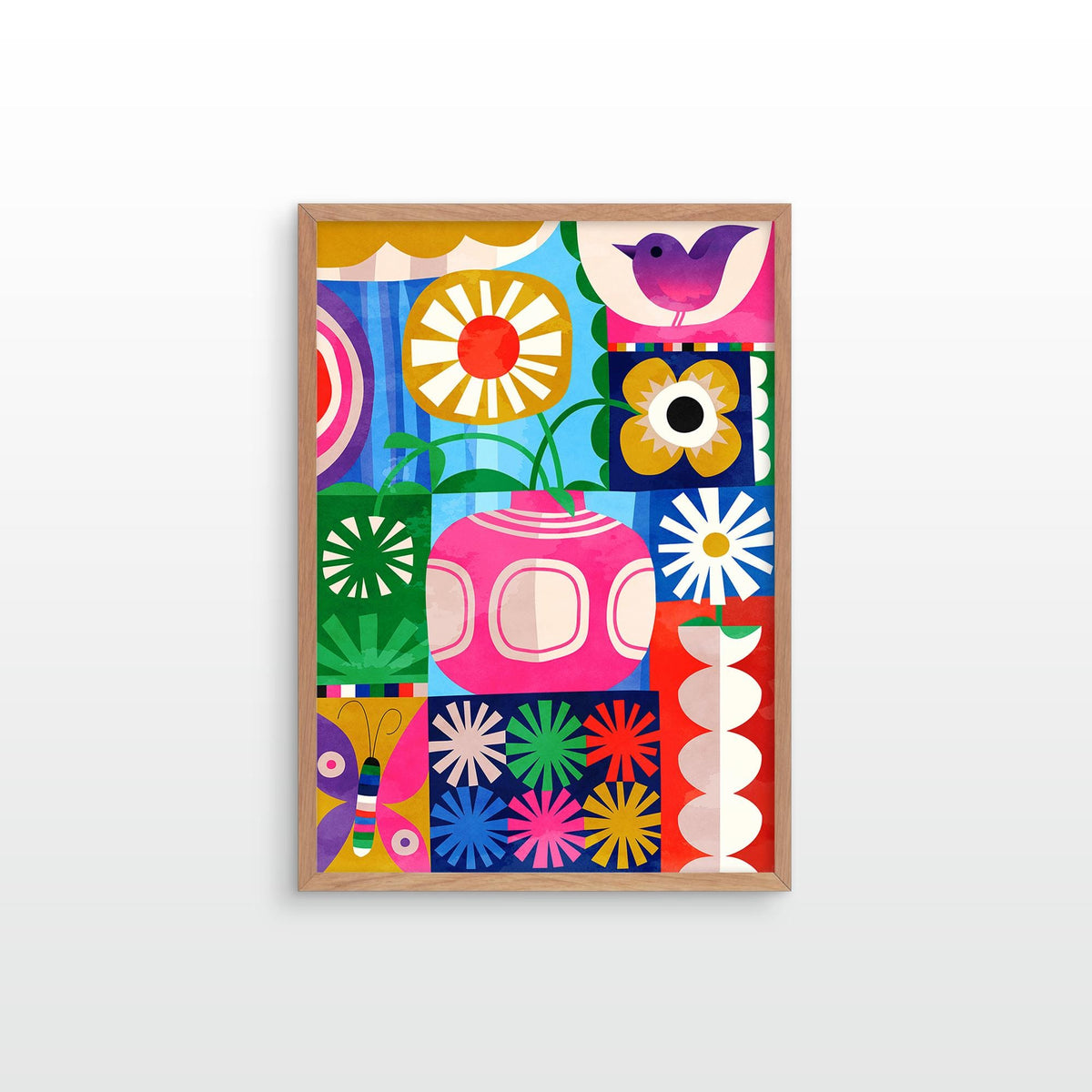 A framed colorful art print featuring a retro mid-century modern pattern with geometric shapes, flowers, a bird, and abstract forms, displayed on a light gray wall.